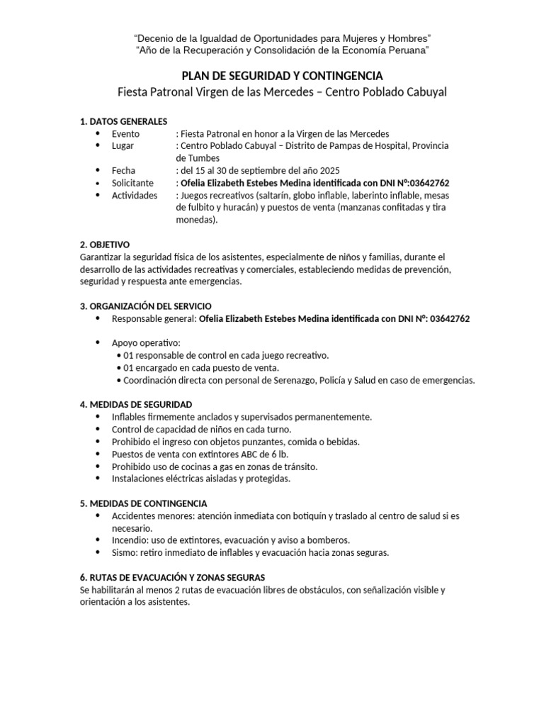 Plan de Seguridad y Contingencia Cabuyal | PDF