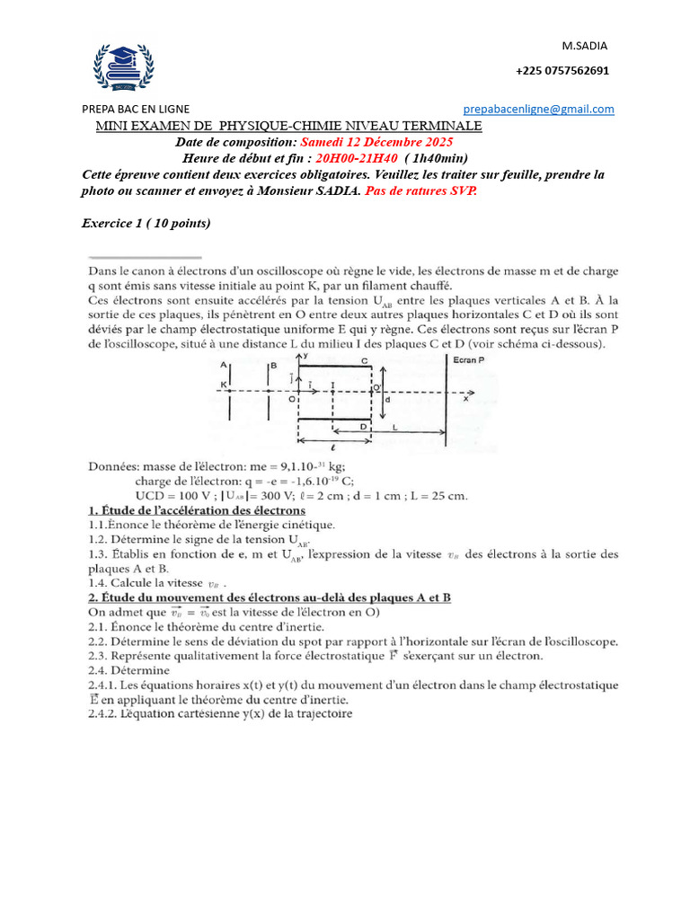 Mini Examen PhysiqueChimie Terminale PDF — free download