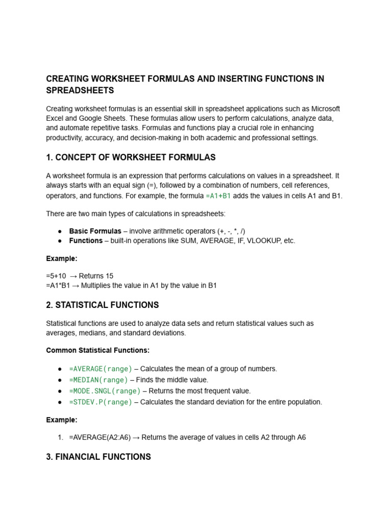 Spreadsheet Formulas and Functions Guide | PDF | Spreadsheet ...