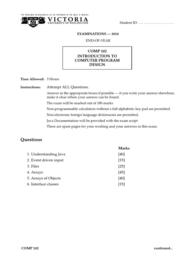 COMP102-2010T2-exam | PDF | Parameter (Computer Programming) | Software ...