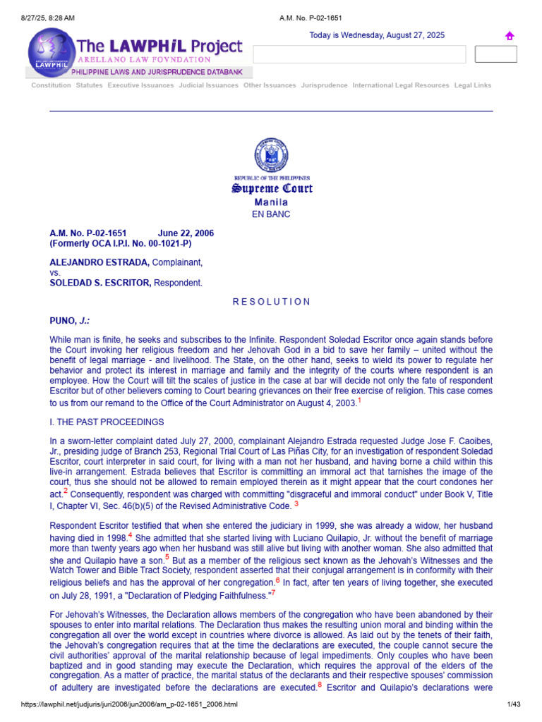 Estrada vs. Escritor, 492 SCRA 1 | PDF | Free Exercise Clause | First ...