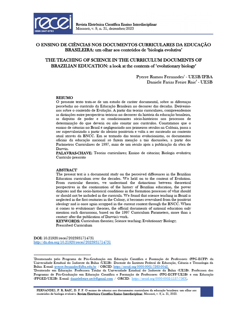 o Ensino de Ciências Nos Documentos Curriculares Da Educação Brasileira ...