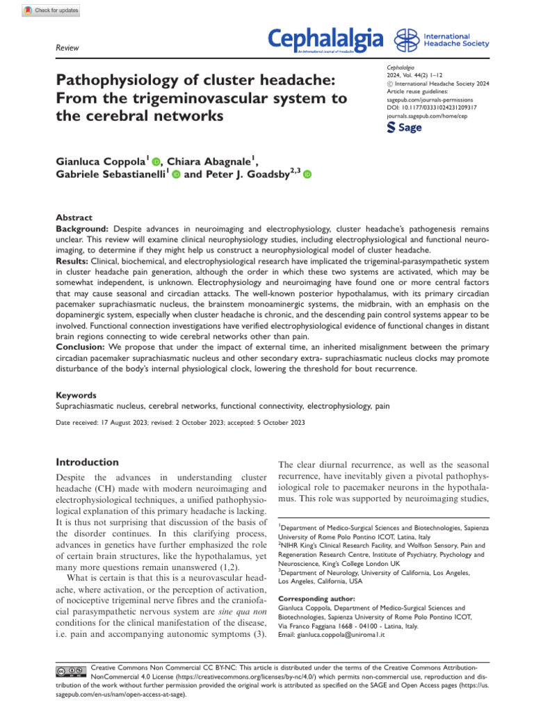 Coppola Et Al 2024 Pathophysiology of Cluster Headache From the ...