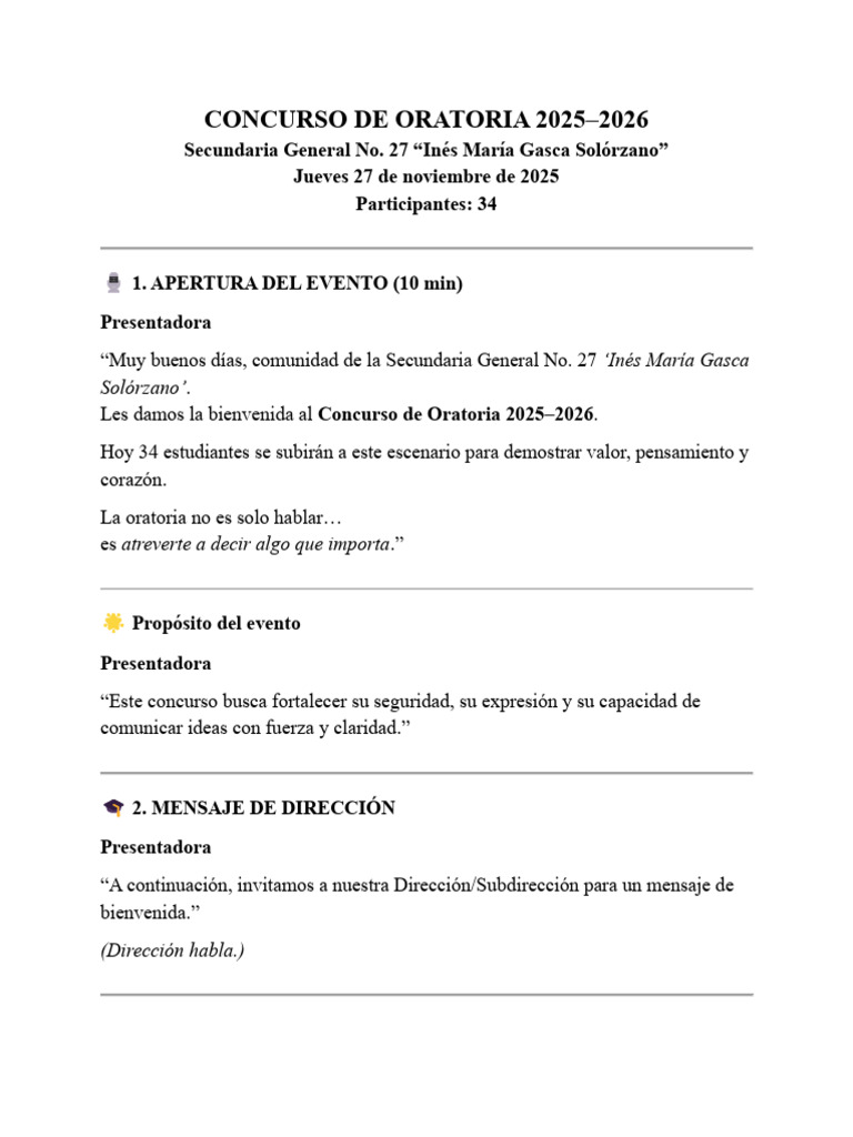 Concurso de Oratoria 2025-2026 en Secundaria 27 | PDF
