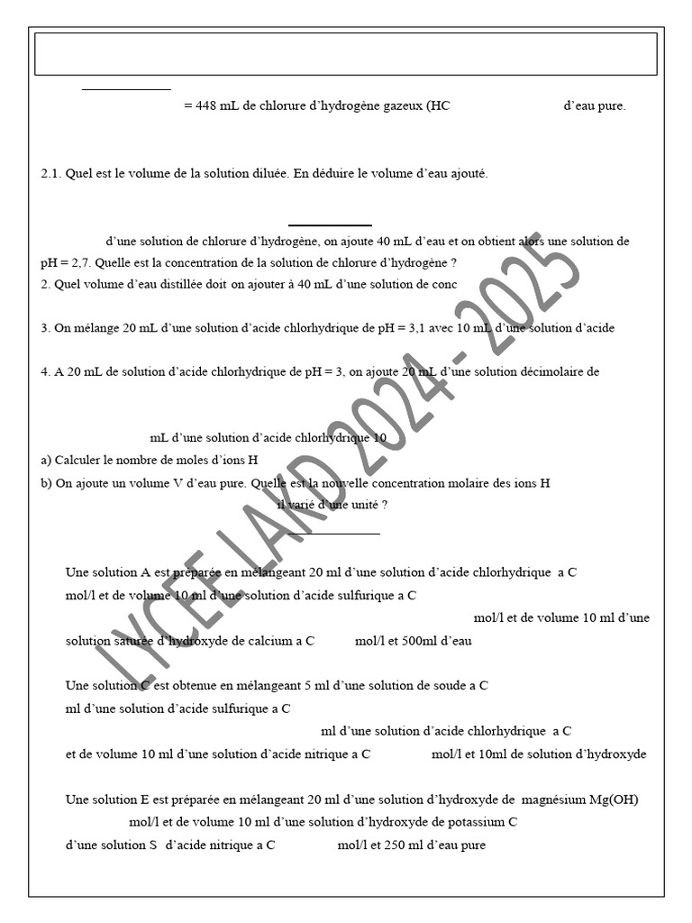 Calculs de pH et concentrations en solutions acides | PDF ...