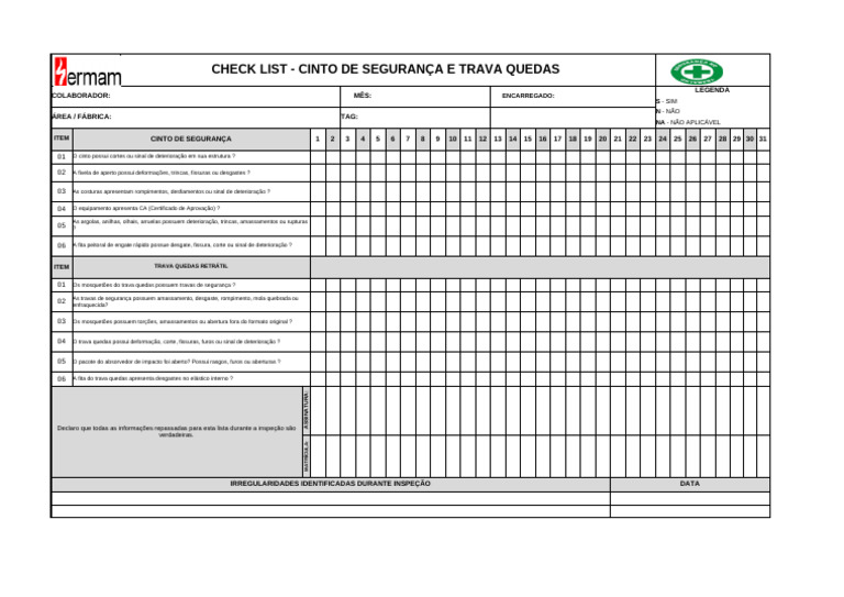 Checklist de Segurança: Cinto e Trava Quedas | PDF