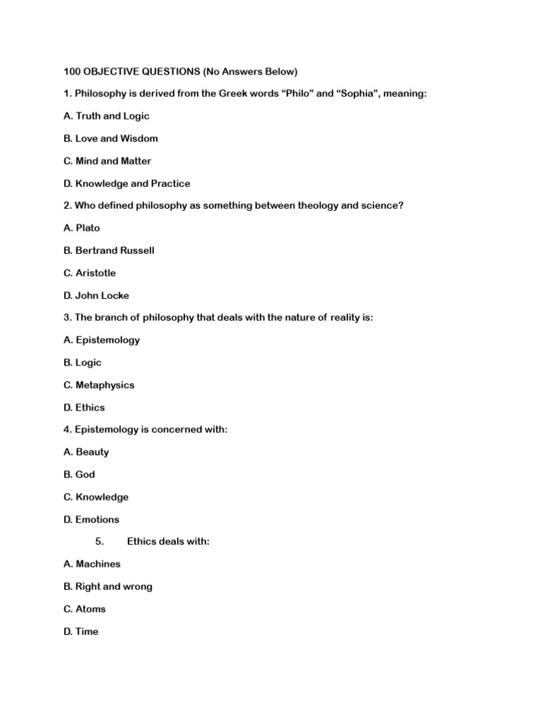 100 Philosophy Objective Questions | PDF | Rationalism | Immanuel Kant