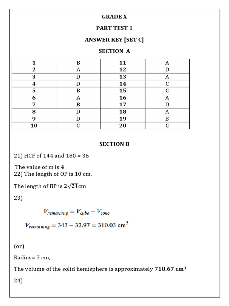 Grade X Test 1 Answer Key Set C | PDF
