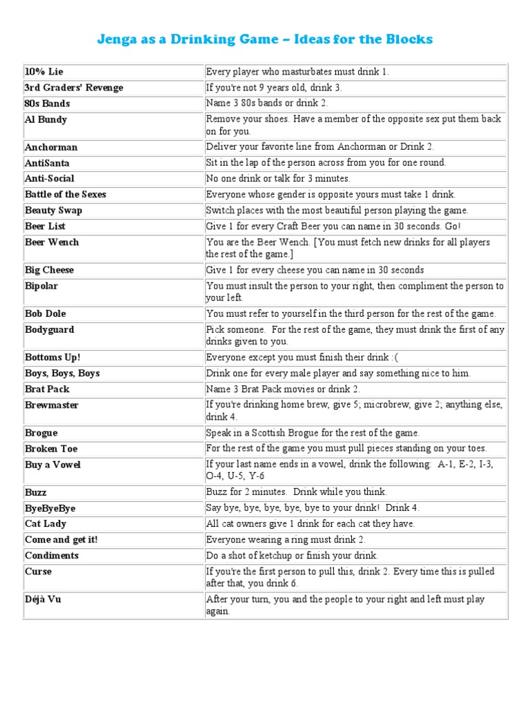 Jenga Drinking Game - DIY | PDF | Beverages | Leisure
