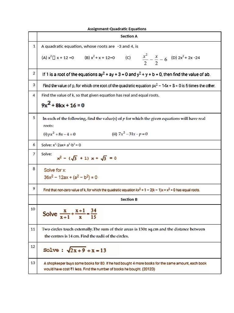 Quadratic Equations Assignment Guide | PDF