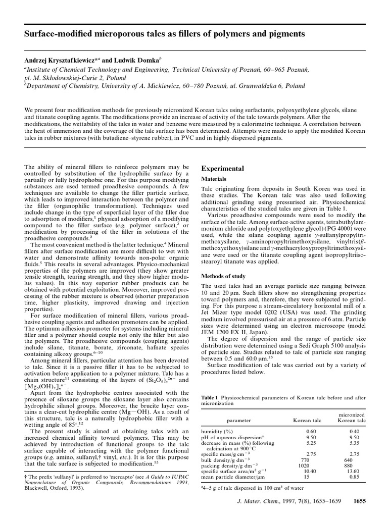 Modified Talcs for Enhanced Polymer Fillers | PDF | Wetting | Solubility