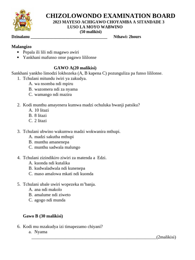 2023 Chizolowondo Exam Questions | PDF | Chess Theory | Chess Openings
