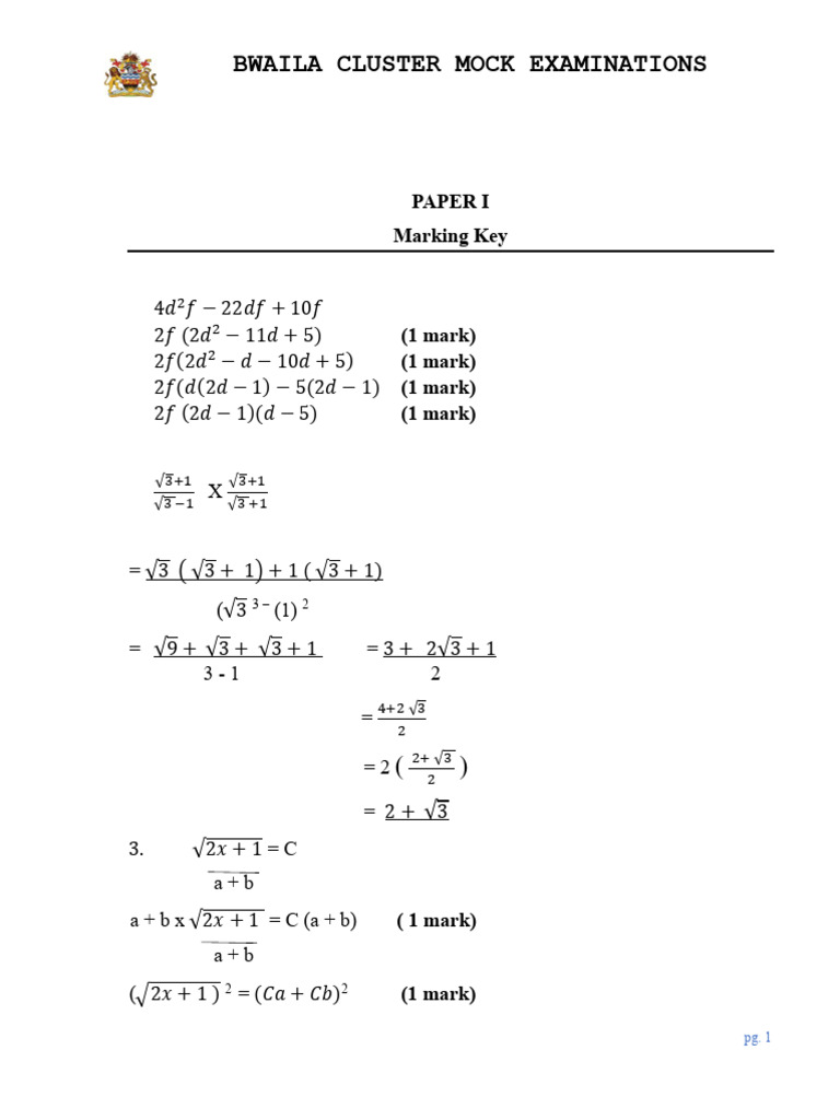 2025 Mathematics P1 Bwaila-Cluster Marking-Key | PDF