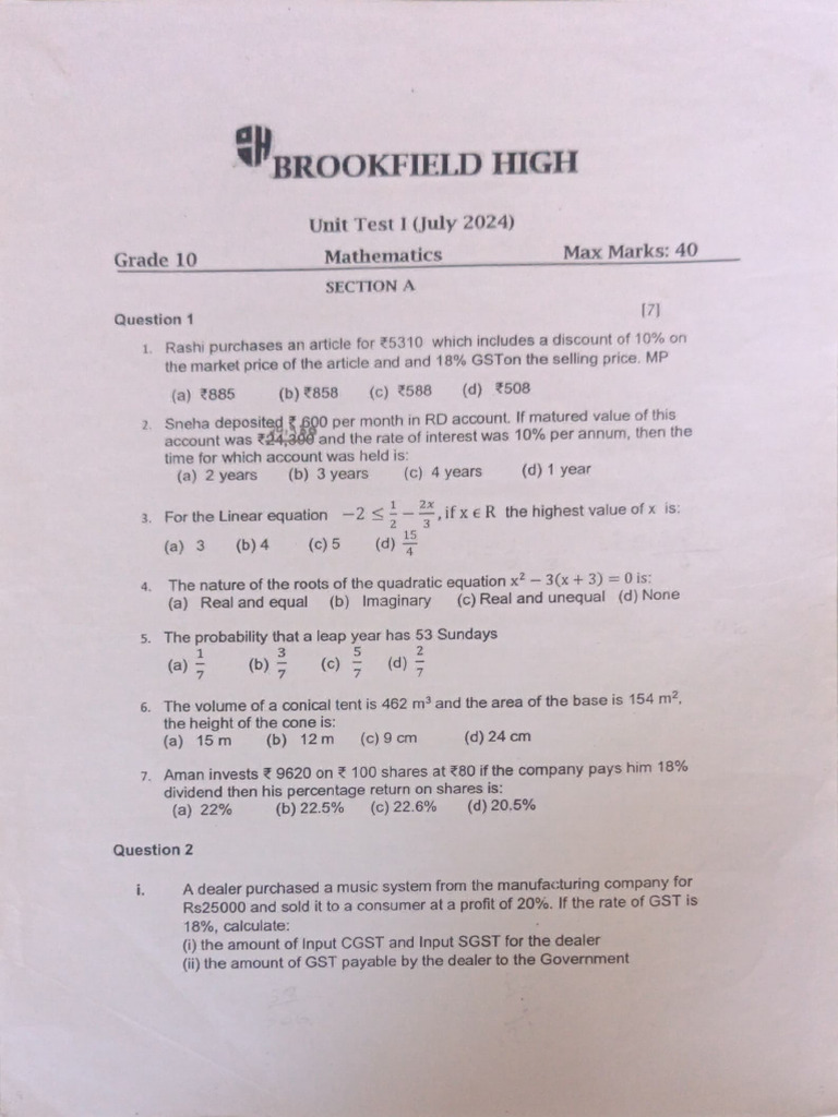 Maths Ut 1 Question Paper | PDF