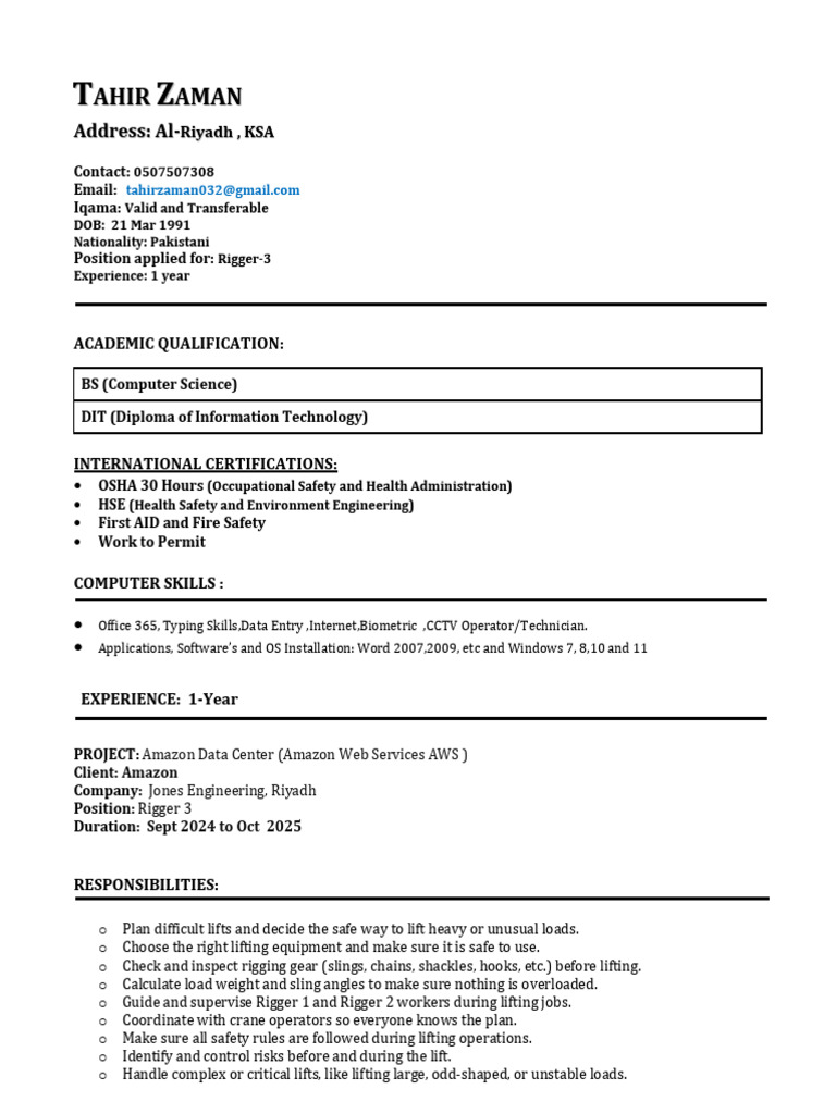 Rigger Level III Resume of Tahir Zaman | PDF