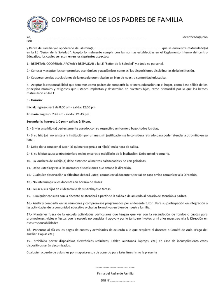 Compromiso de Padres en I.E. Señor de la Soledad | PDF
