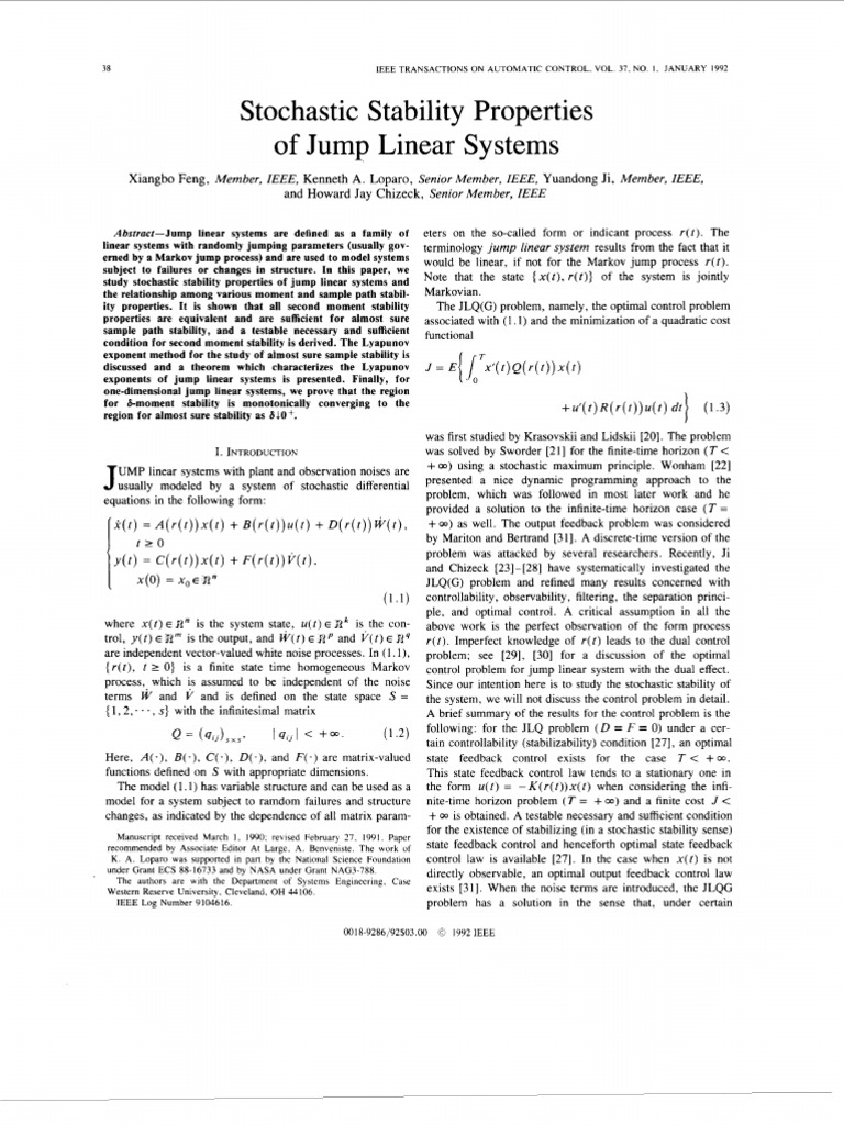 Stochastic Stability Properties of Jump Linear Systems: An Analysis of ...