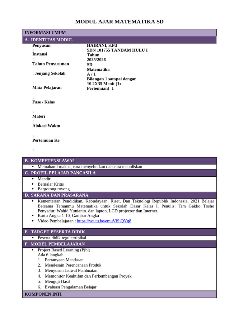 692014872 1 Modul Ajar Matematika Kelas 1 Marlena Ukin | PDF