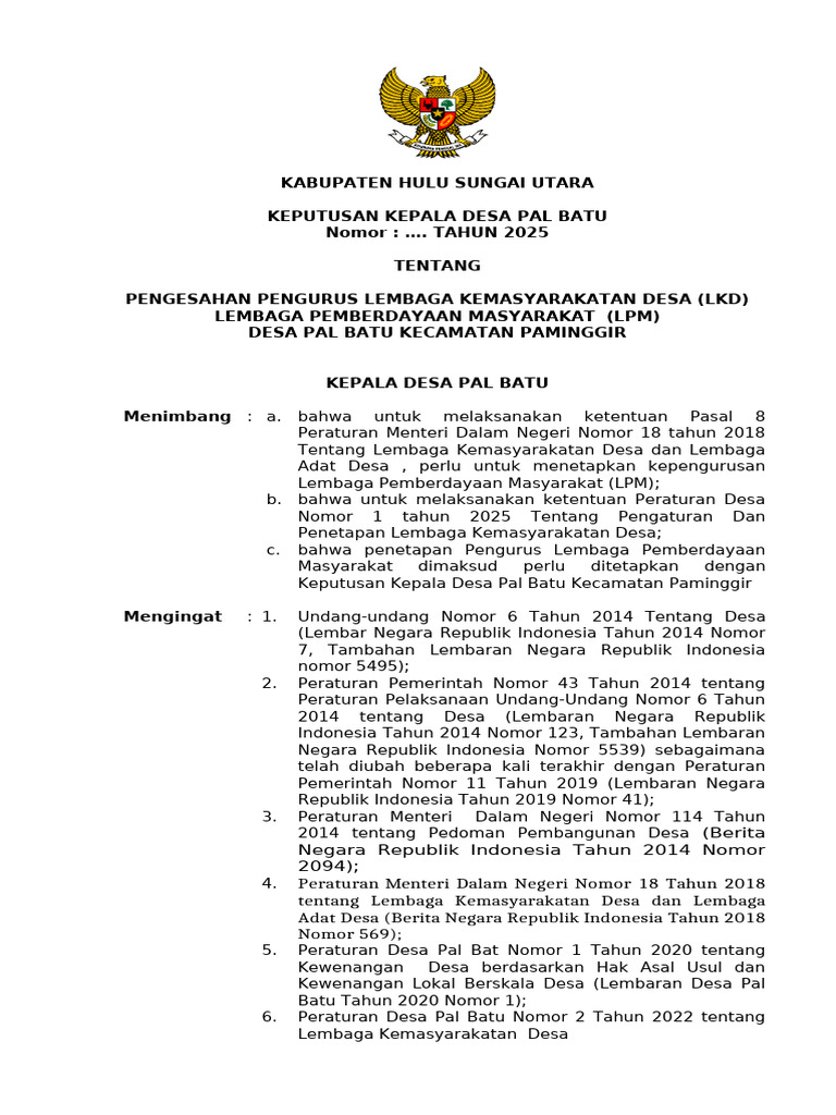 Pengesahan Pengurus LPM Desa Pal Batu | PDF