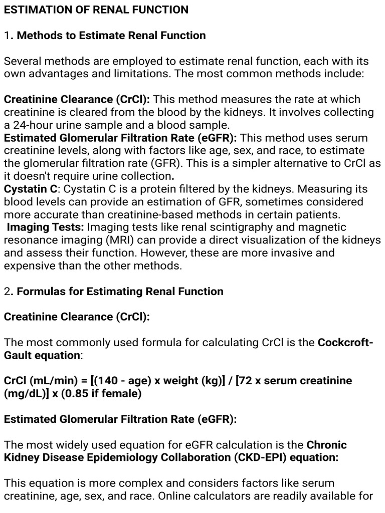 Estimating Renal Function Methods | PDF | Creatinine | Kidney