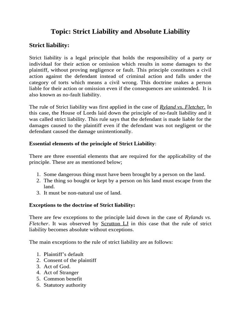 Strict and Absolute Liability | PDF | Strict Liability | Legal Liability