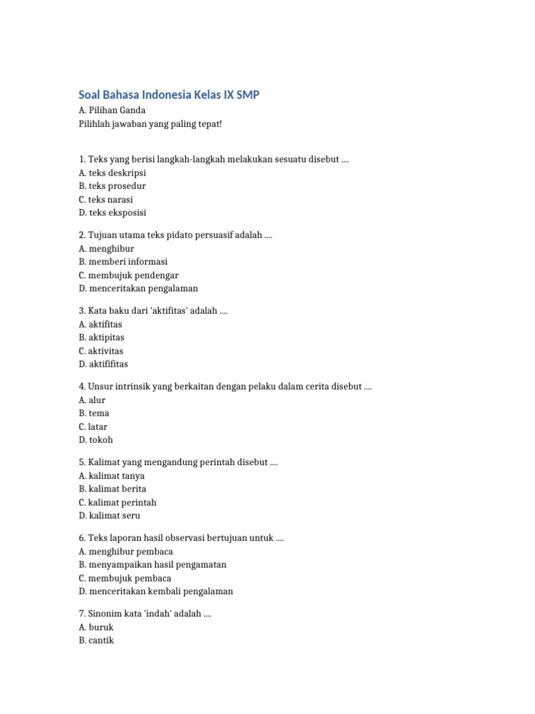 Soal Bahasa Indonesia Kelas IX SMP | PDF