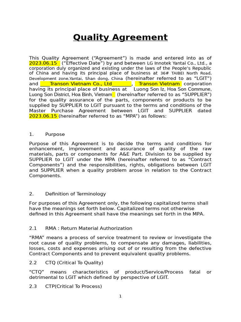 Quality Agreement for LGIT and Supplier | PDF | Business