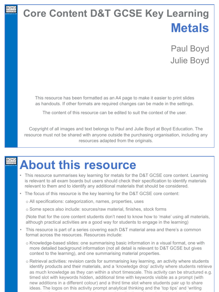 D&T GCSE Metals Key Learning Guide | PDF | Metals | Iron