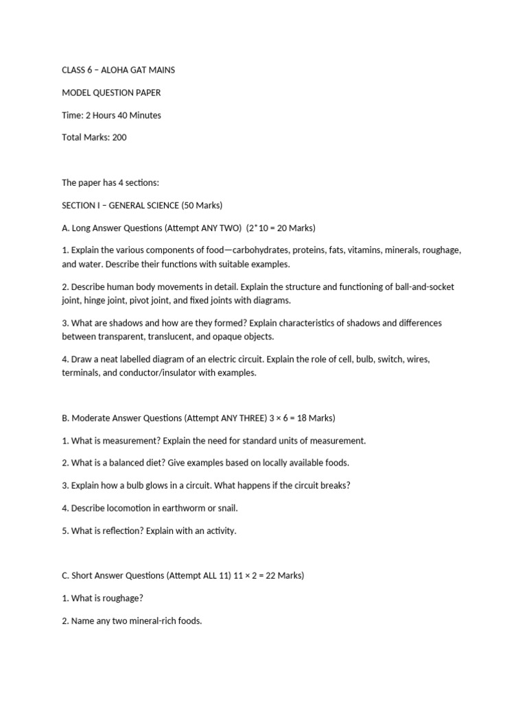 Class 6 Aloha Gat Mains Question Paper | PDF | Area