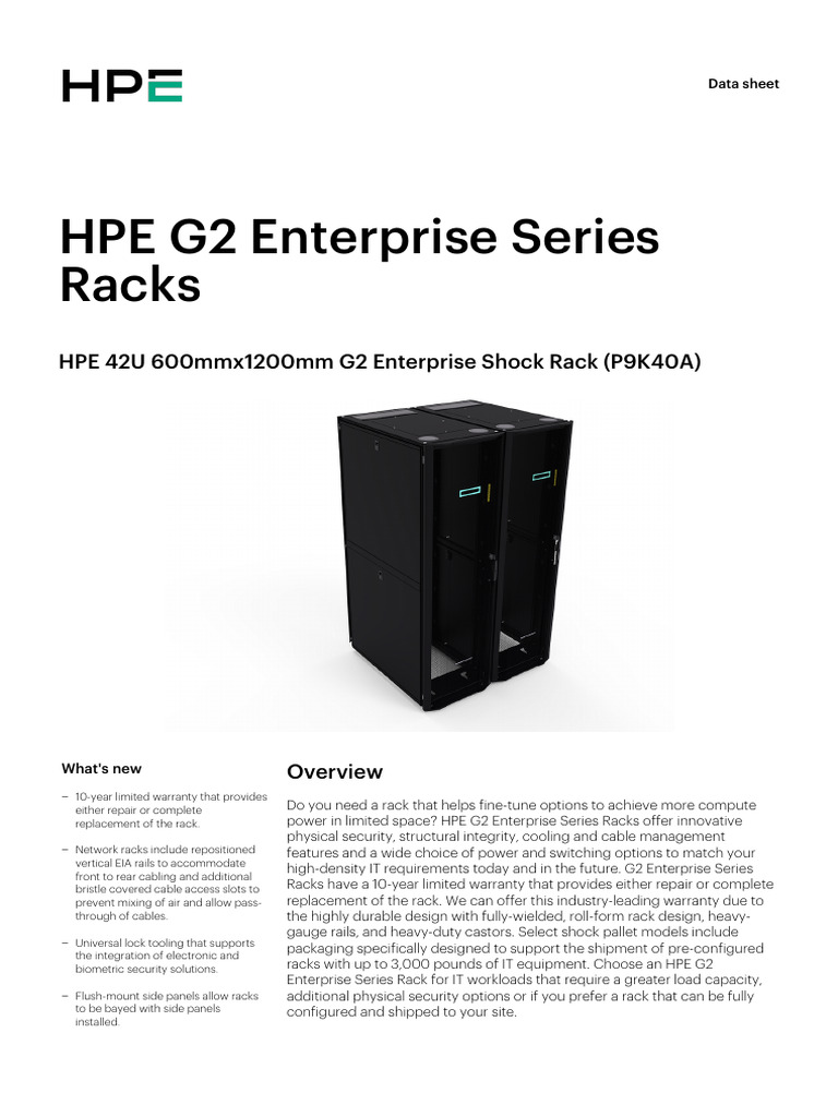 Data Sheet - HPE 42U 600mmx1200mm G2 Enterprise Shock Rack | PDF