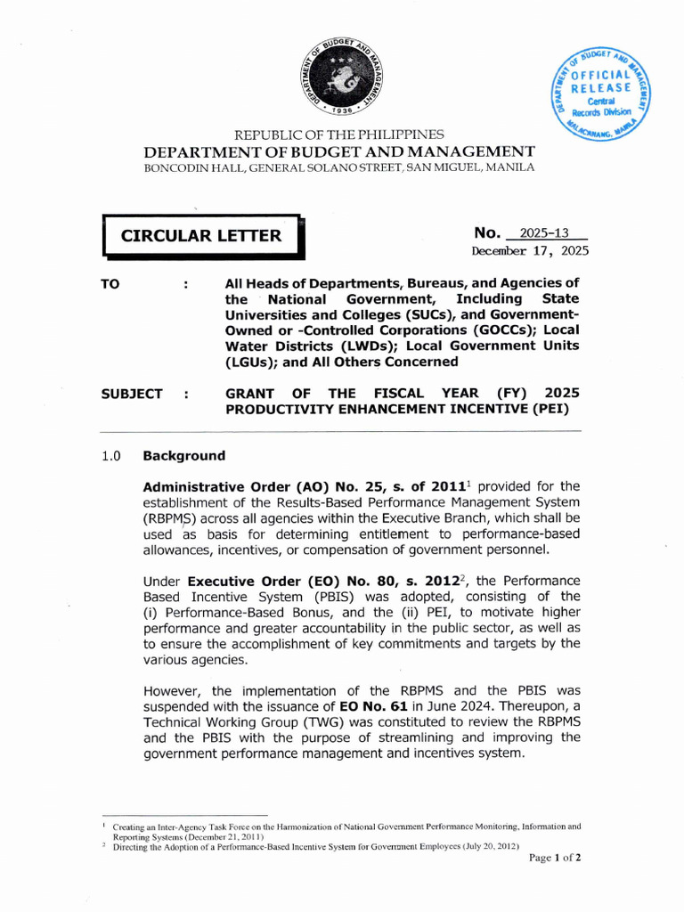 FY 2025 Productivity Enhancement Incentive | PDF | Incentive | Fiscal Year