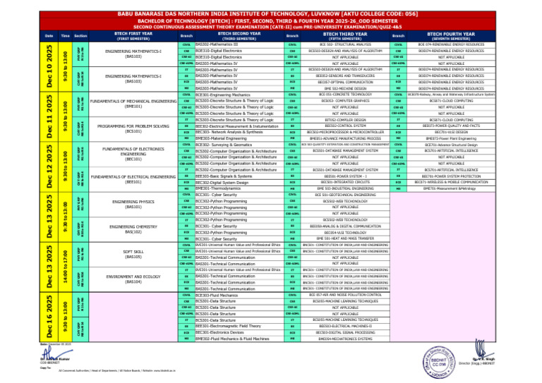 BTech Exam Schedule 2025-26 Semesters | PDF | Electronic Engineering ...