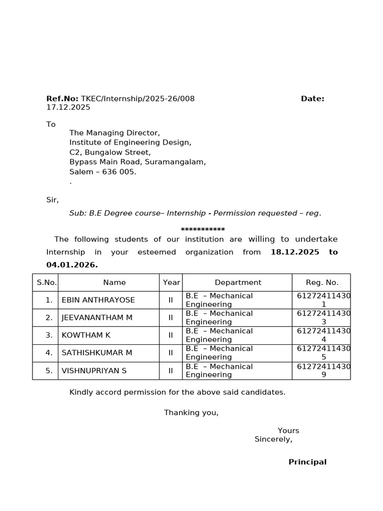 Internship Permission Request for B.E. Students | PDF