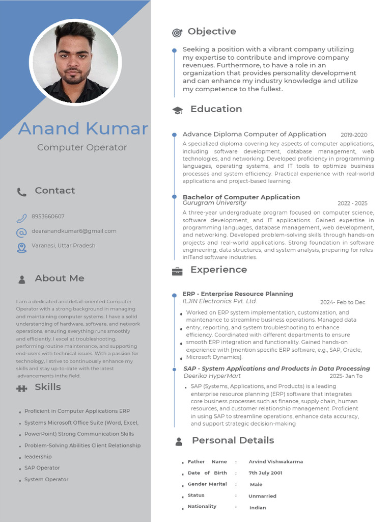 Computer Operator Resume with ERP Skills | PDF | Enterprise Resource ...