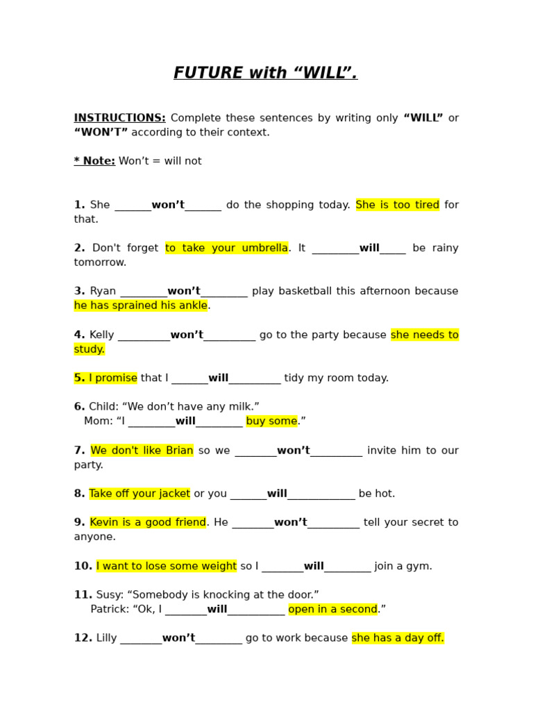 Future Tense: Using "Will" and "Won't" | PDF