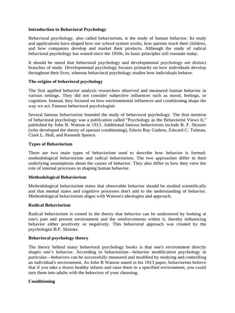 Overview of Behavioral Psychology | PDF | Behaviorism | Nervous System