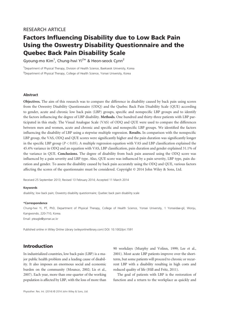 Factors Affecting Low Back Pain Disability | PDF | Pain | Psychology