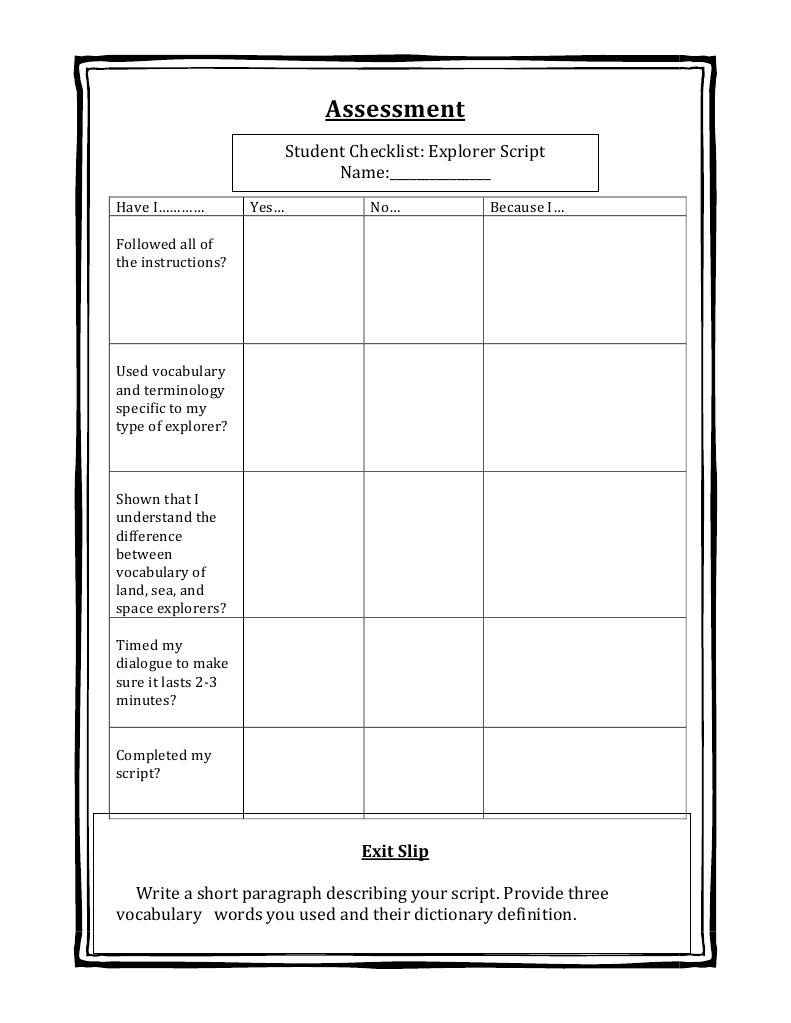 Explorer Script Assessment Checklist | PDF | Language Arts & Discipline ...