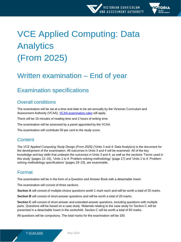 VCE Data Analytics Exam Specifications | PDF | Analytics | Data Analysis