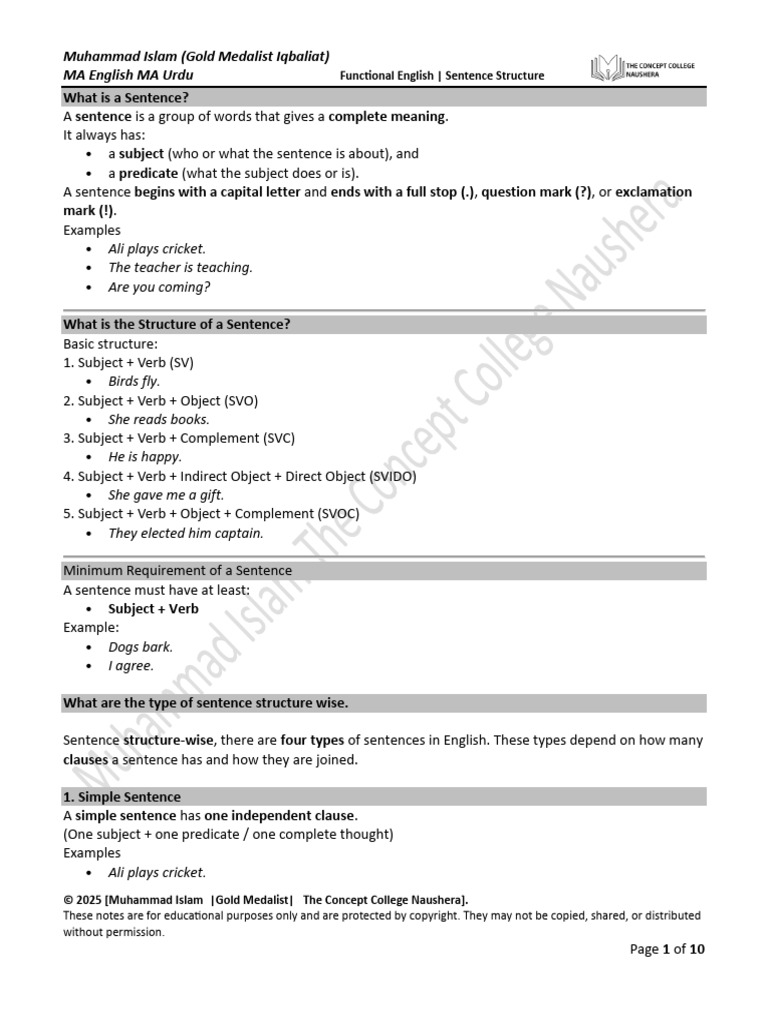 Understanding Sentence Structure Basics | PDF | Subject (Grammar ...