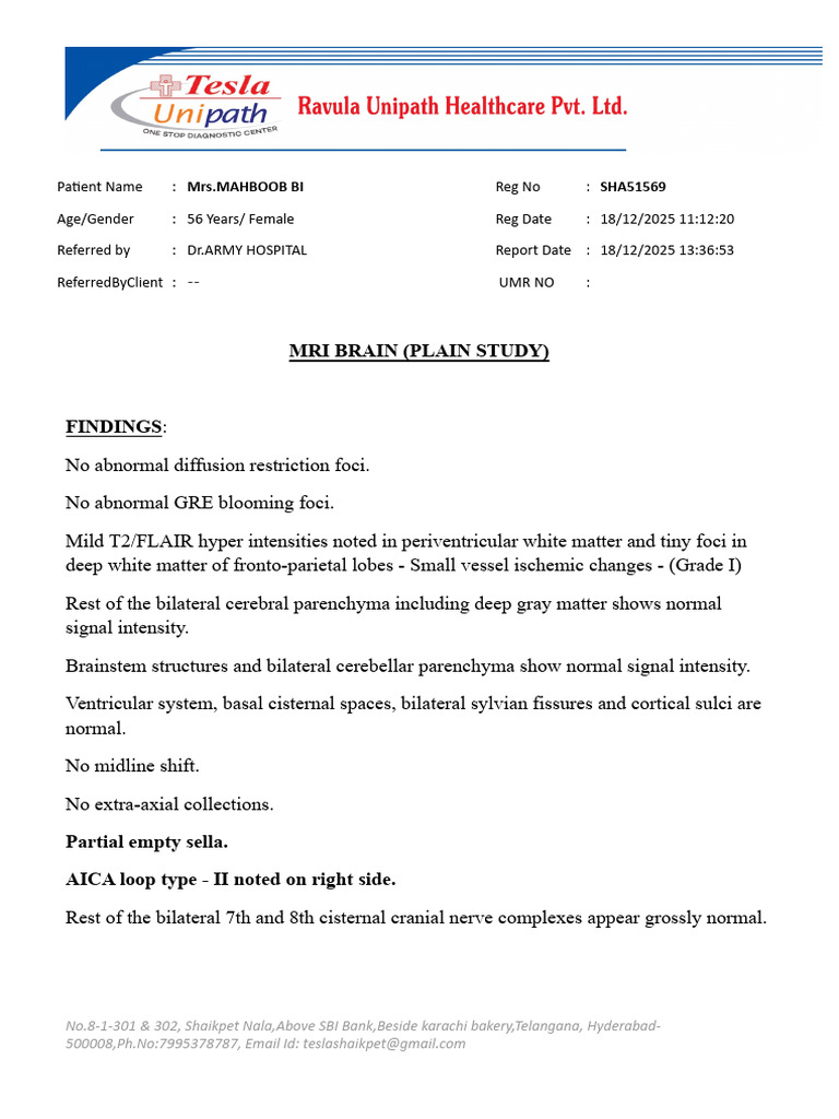 Mrs.mahboob Bi Mri Report | PDF