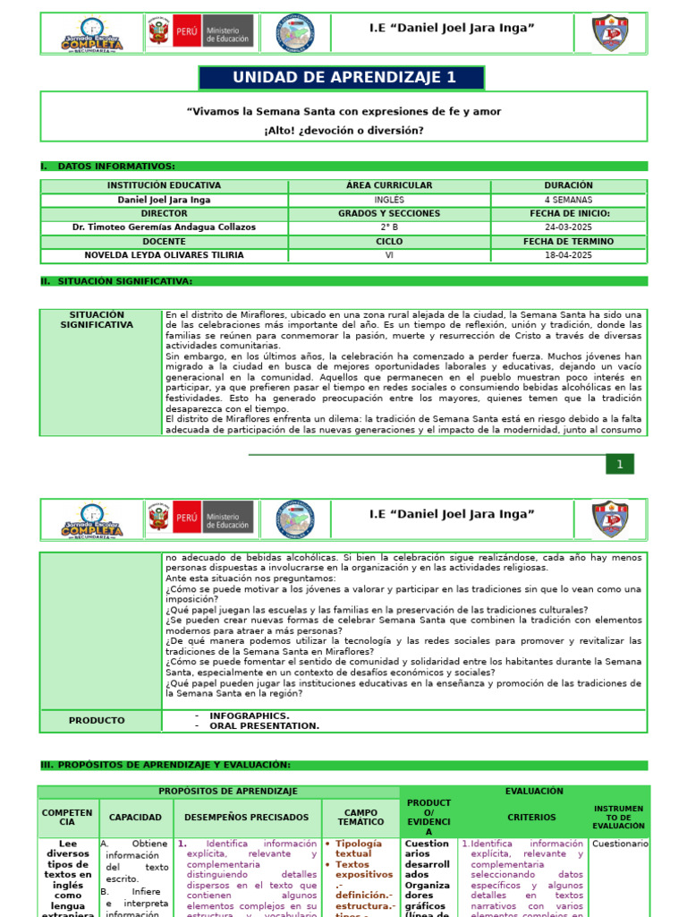 UNIDAD 1 DE APRENDIZAJE INGLÉS 2DO B | PDF | Aprendizaje | Comunicación ...