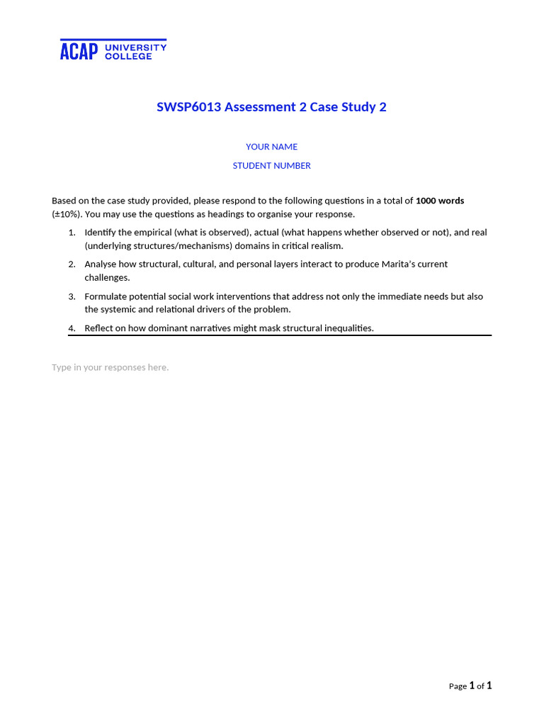 SWSP6013 Assessment 2 Response Template_Case Study 2 (1) | PDF