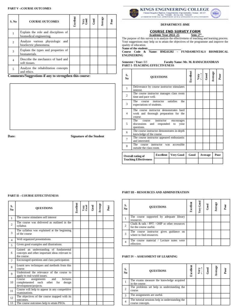 Course Endsurvey Form FBME | PDF | Lecture | Biomedical Engineering