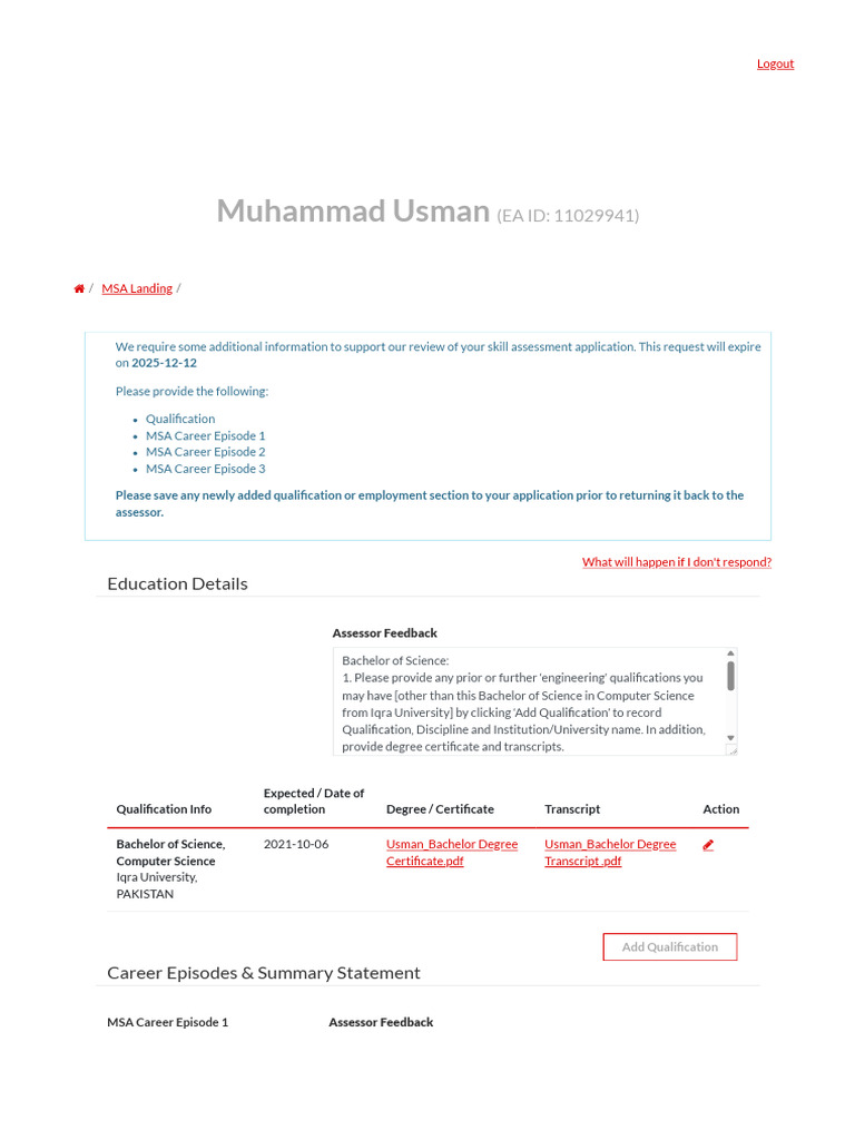 MSA Application Additional Information _ Usman | PDF