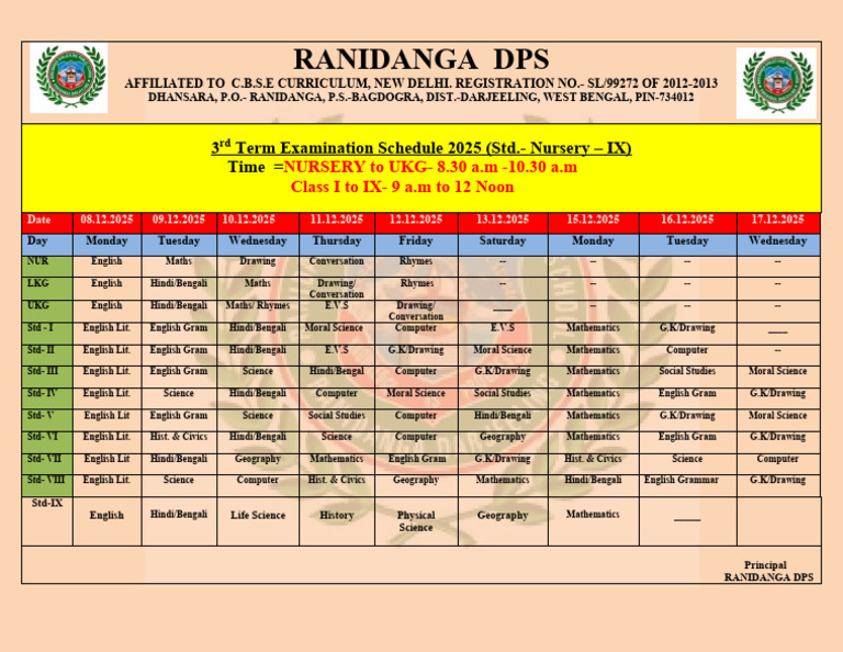 Ranidanga DPS 2025 Exam Schedule | PDF | Science