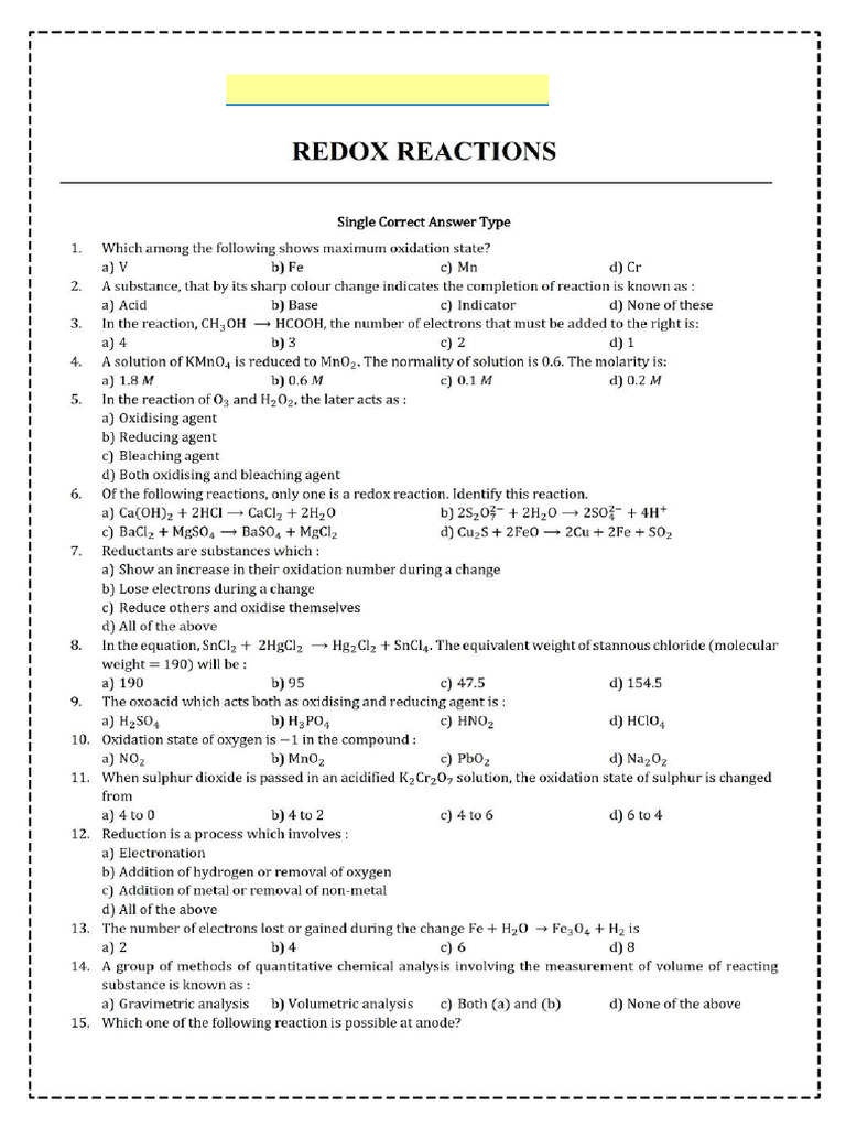 Redox Reaction Questions | PDF