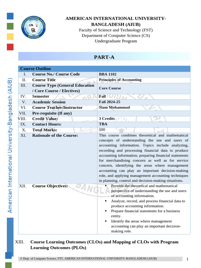 Principles of Accounting Course Outline | PDF | Debits And Credits ...