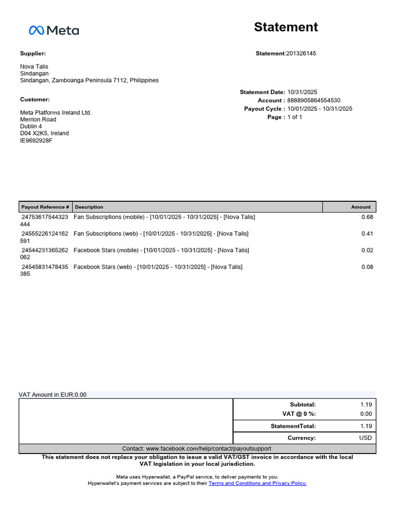 Meta Platforms Payment Statement 2025 | PDF | Business | Payments