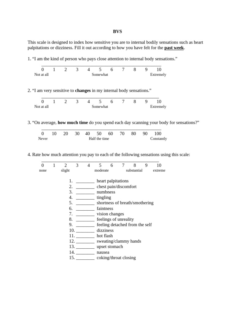 Body Vigilance Scale for Sensitivity Assessment | PDF | Diagnostic And ...